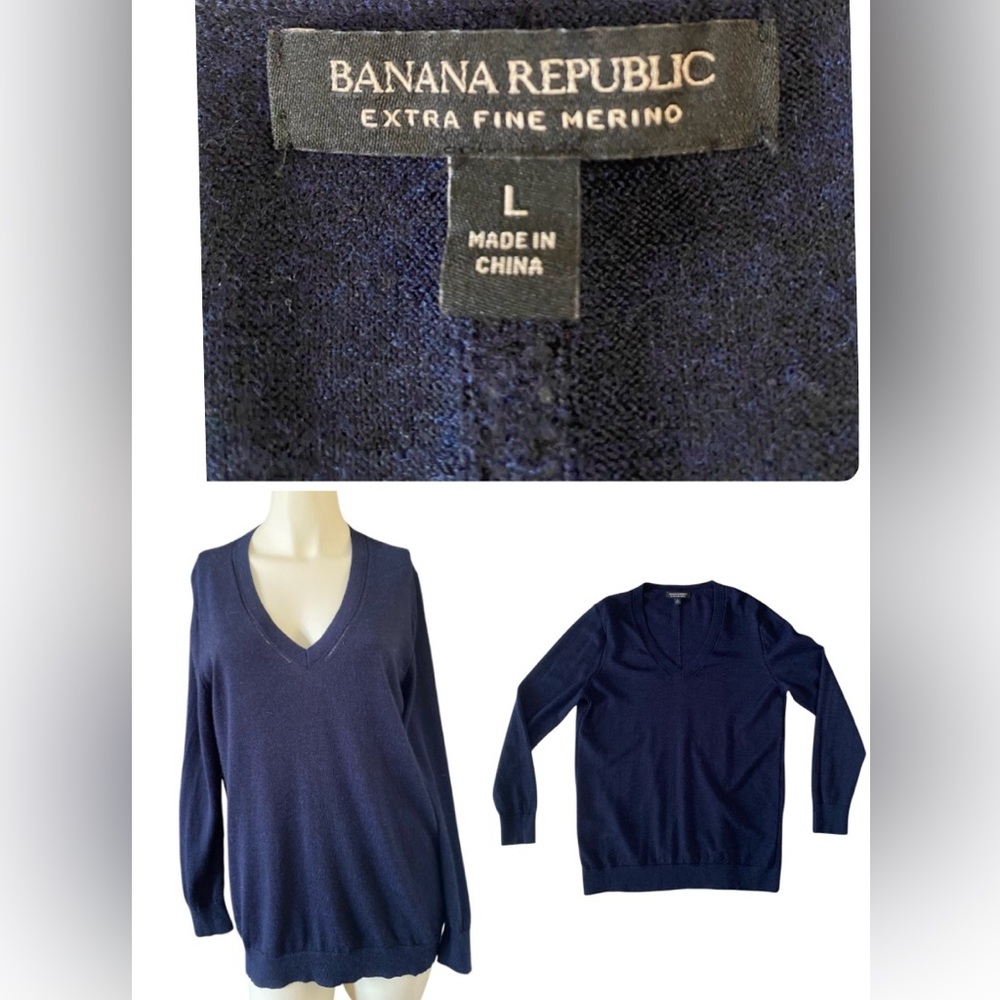 Banana Republic 100% Merino Wool Sweater Dark Navy Blue V-Neck Pullover Large